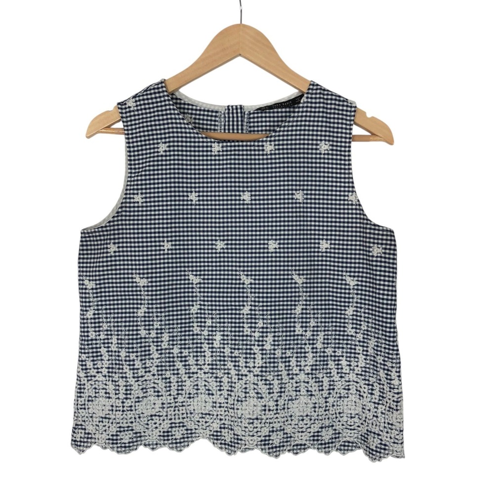 Zara Gingham Eyelet Lace Embroidered Tank Top‎ Shirt Size M Western Cowgirl Boho